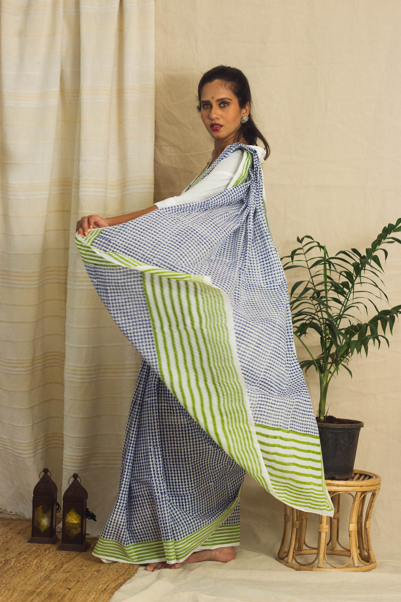 Mul Cotton Block Printed Saree • Houndstooth Royal-2