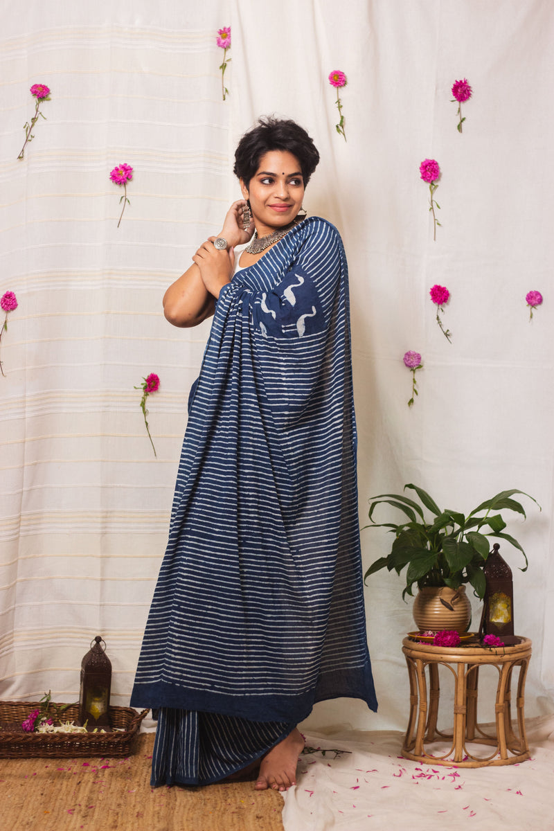 Cotton Mul Bagru Saree Indigo Flamingo-7