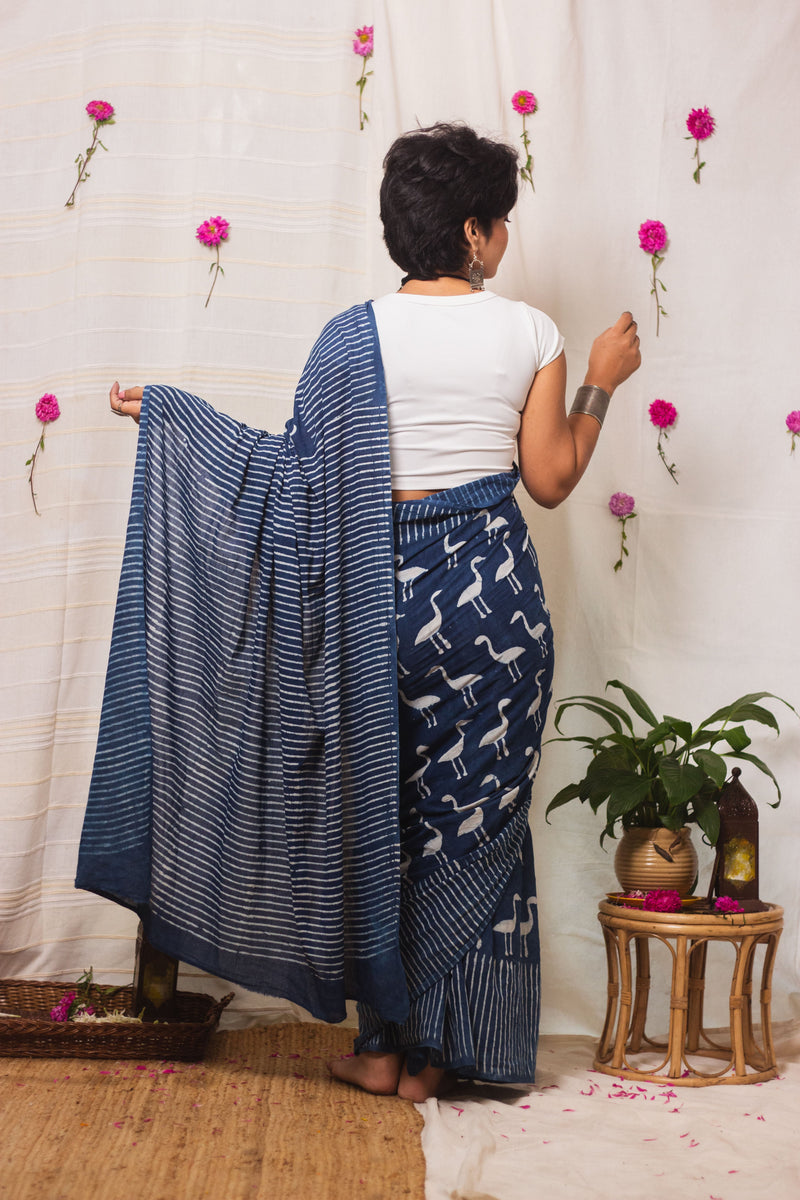 Cotton Mul Bagru Saree Indigo Flamingo-6