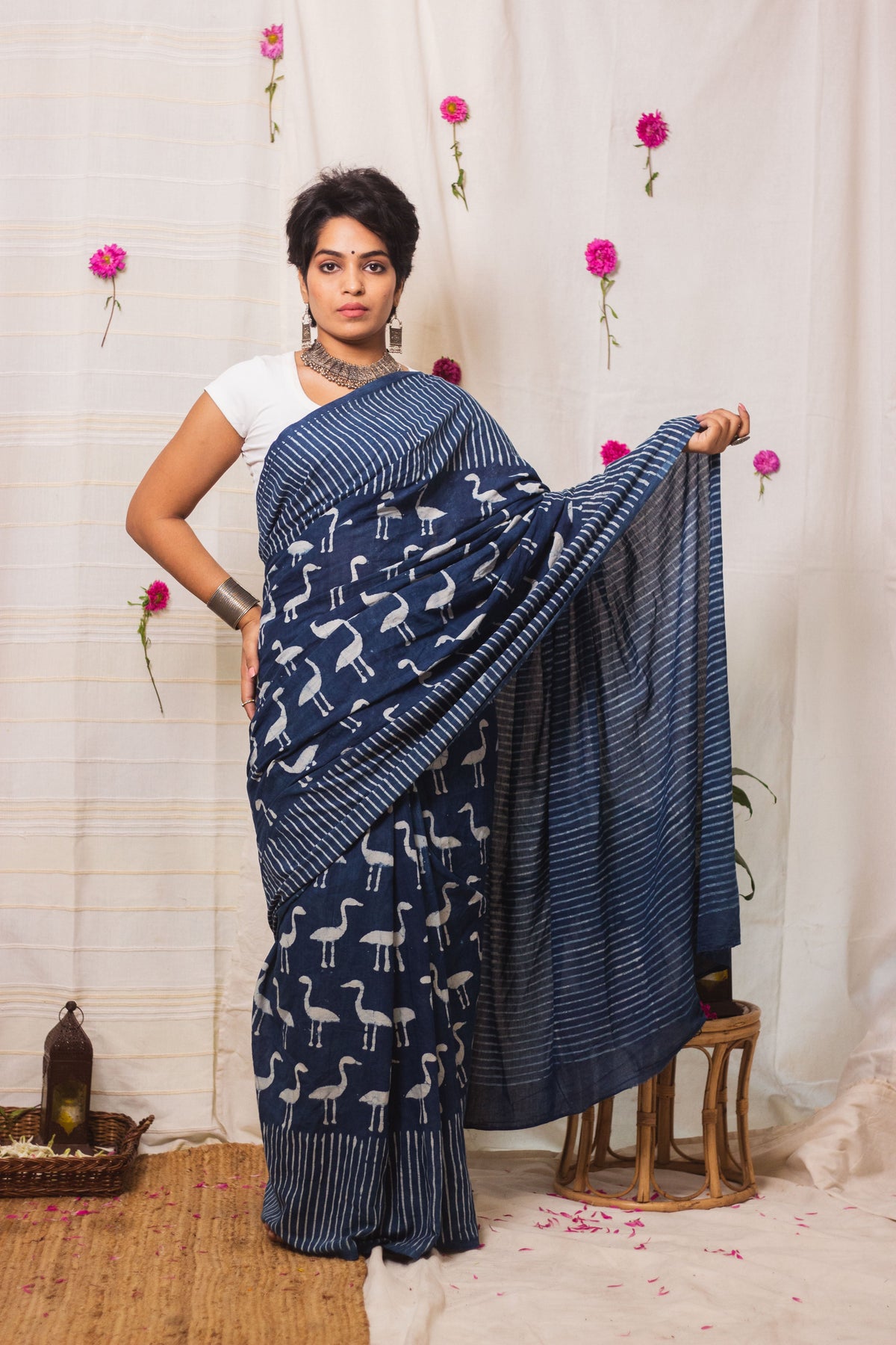 Cotton Mul Bagru Saree Indigo Flamingo-5