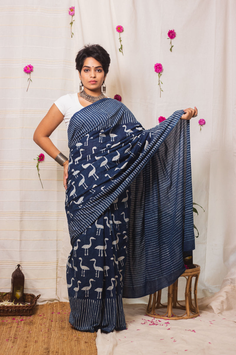 Cotton Mul Bagru Saree Indigo Flamingo-5