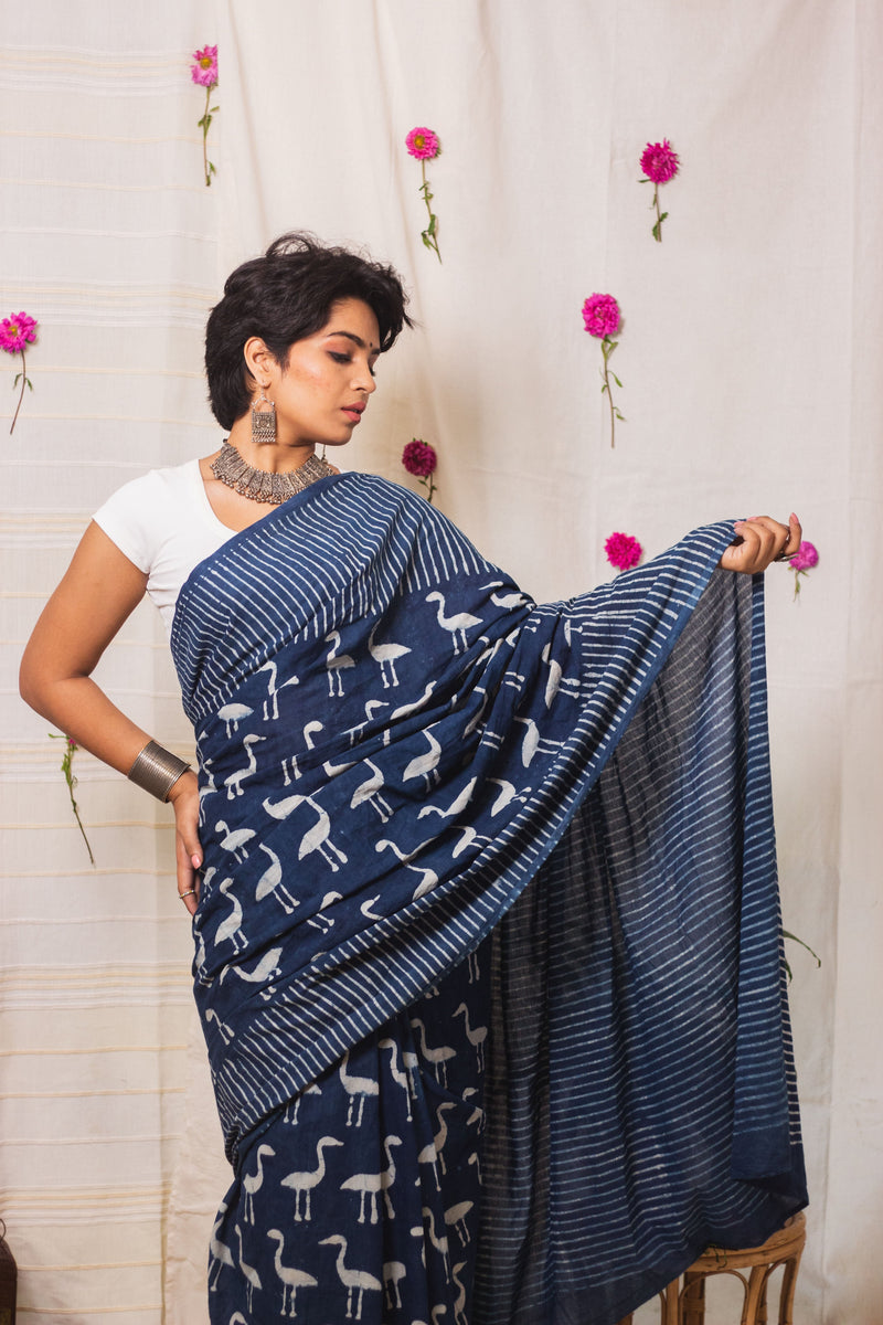 Cotton Mul Bagru Saree Indigo Flamingo-4