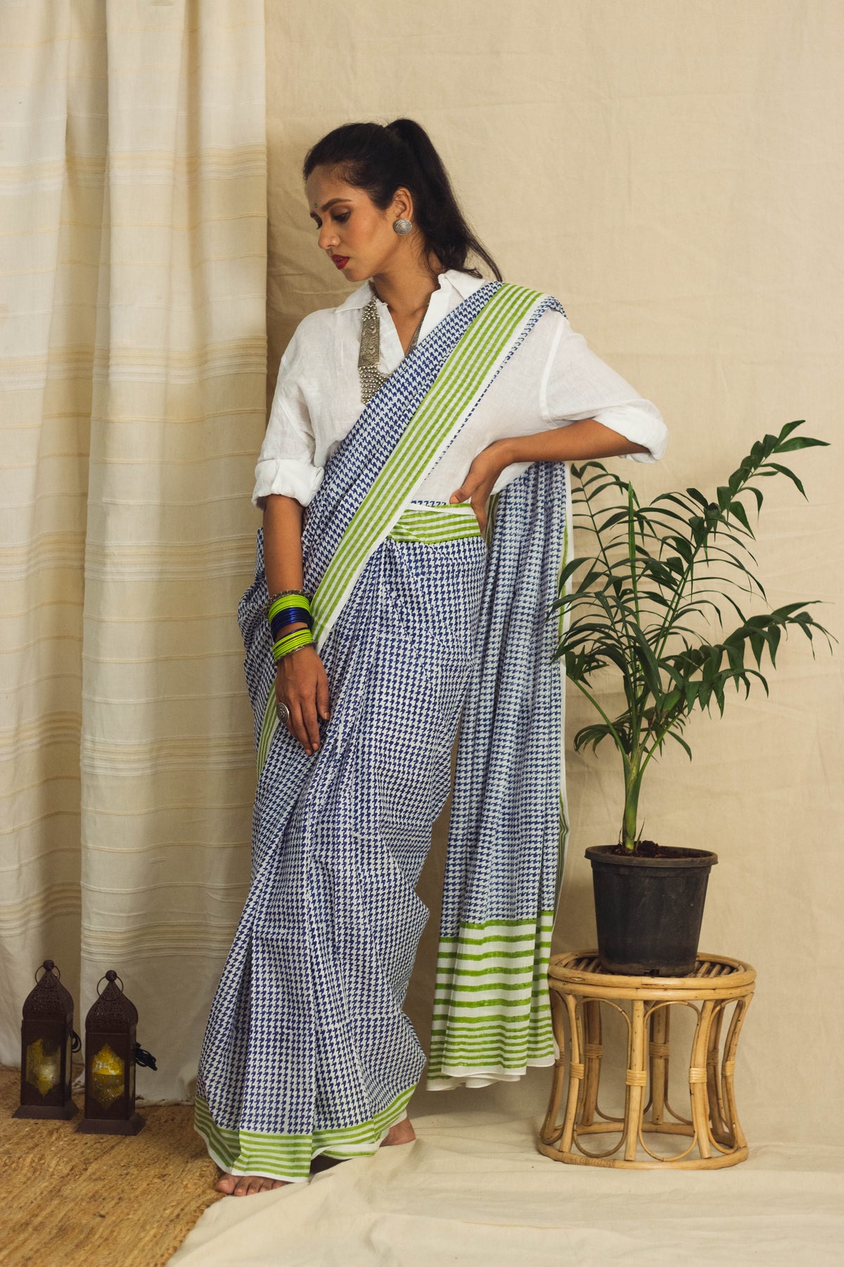 Mul Cotton Block Printed Saree • Houndstooth Royal-3