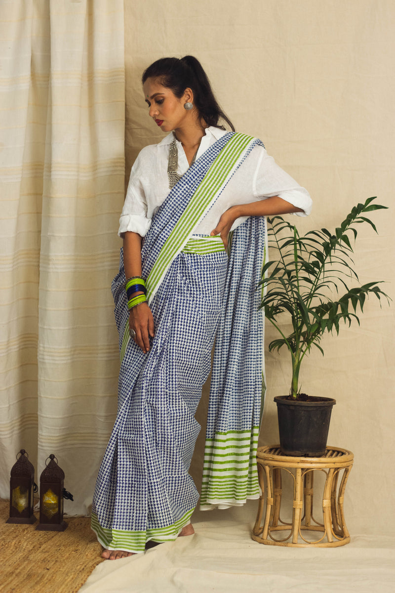 Mul Cotton Block Printed Saree • Houndstooth Royal-3