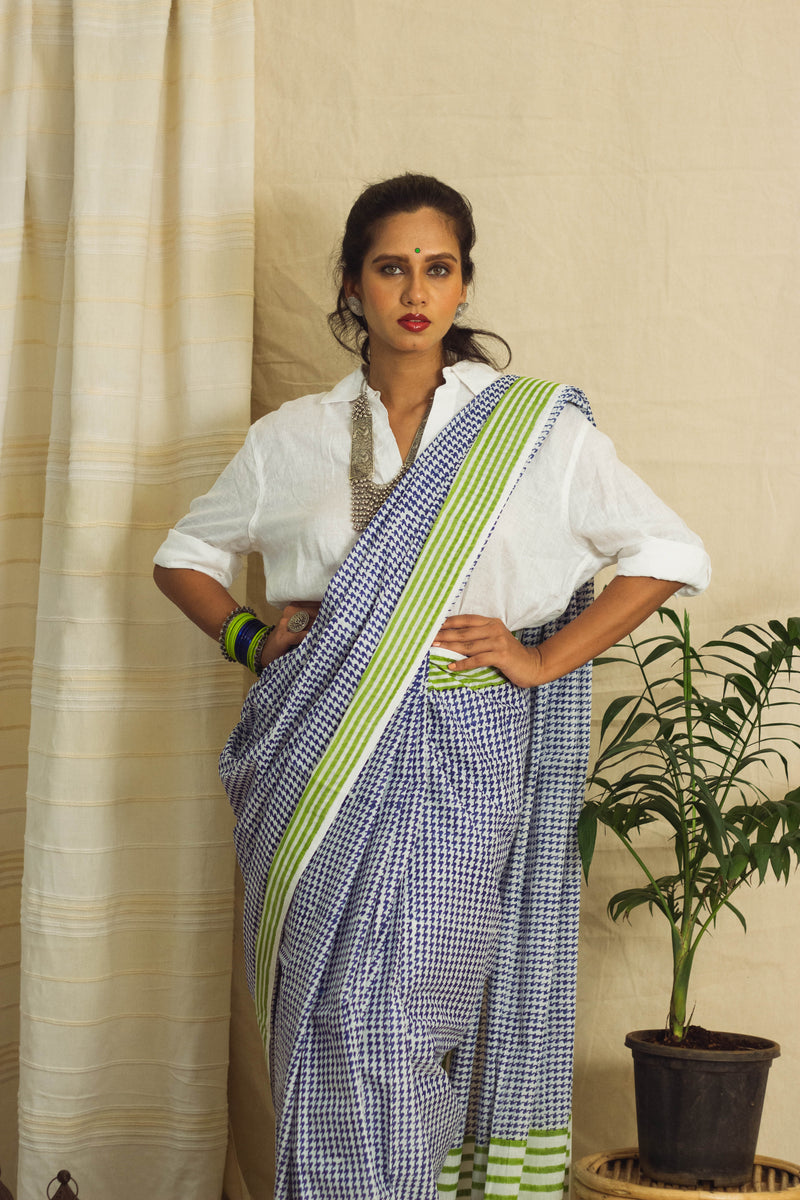 Mul Cotton Block Printed Saree • Houndstooth Royal-4