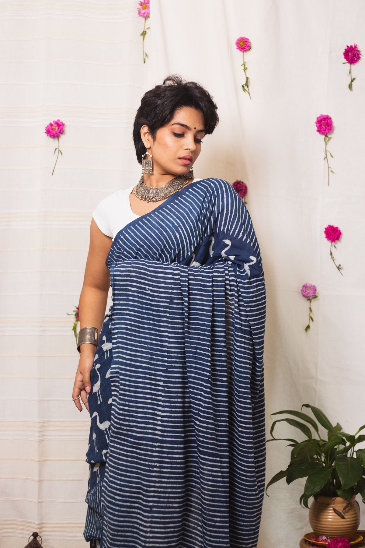 Cotton Mul Bagru Saree Indigo Flamingo-3