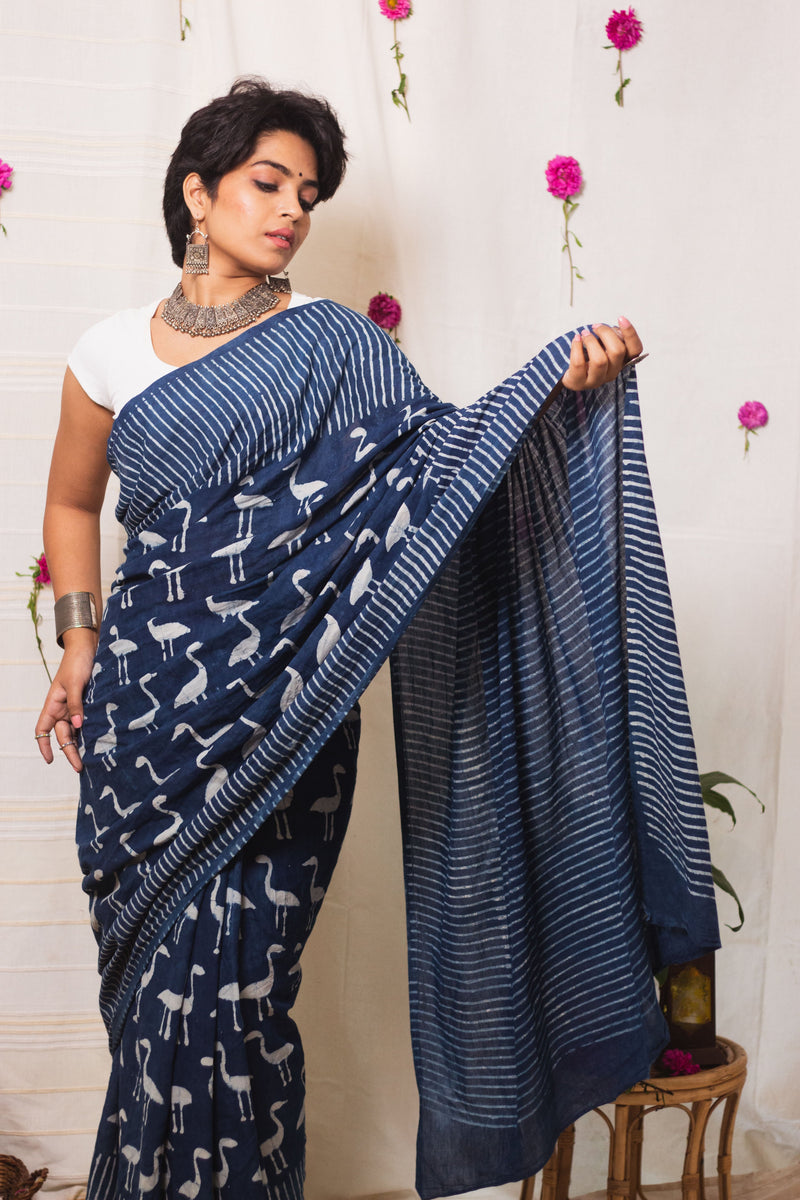 Cotton Mul Bagru Saree Indigo Flamingo-2