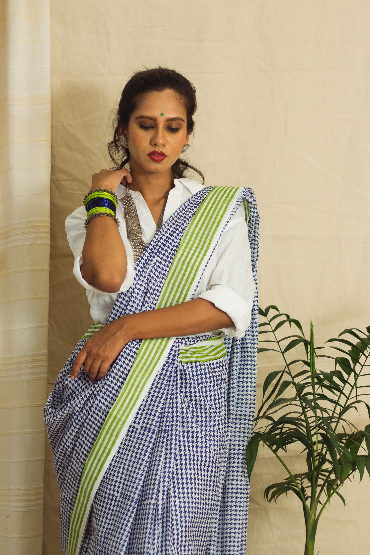 Mul Cotton Block Printed Saree • Houndstooth Royal-5