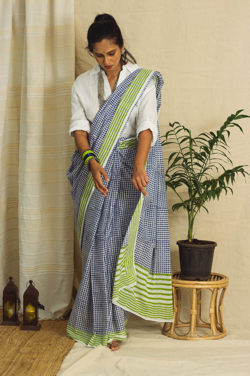 Mul Cotton Block Printed Saree • Houndstooth Royal-6