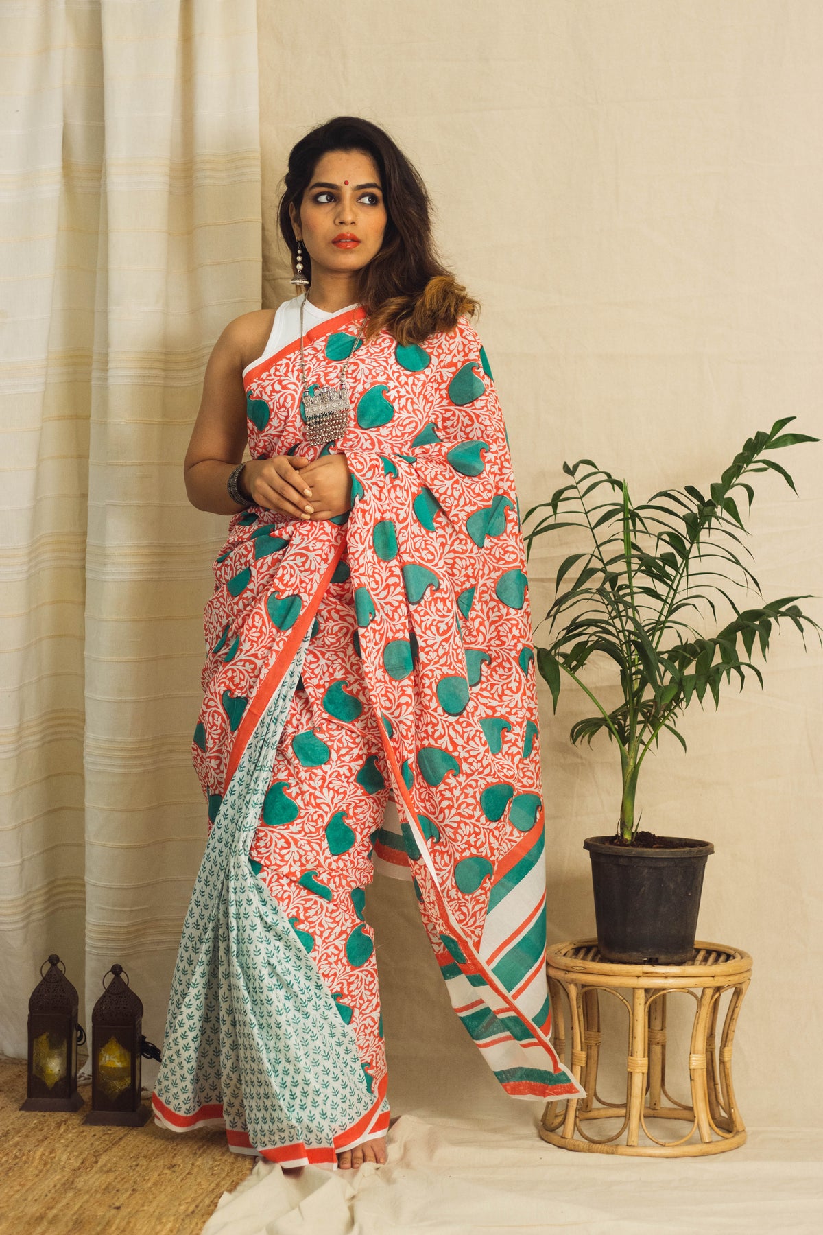 Mul Cotton Block Printed Saree • Coral Jaal-1