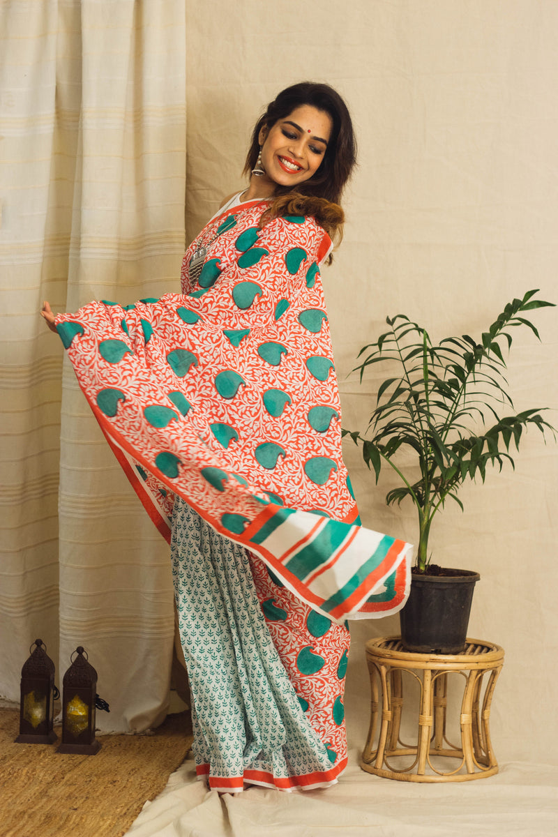 Mul Cotton Block Printed Saree • Coral Jaal-2