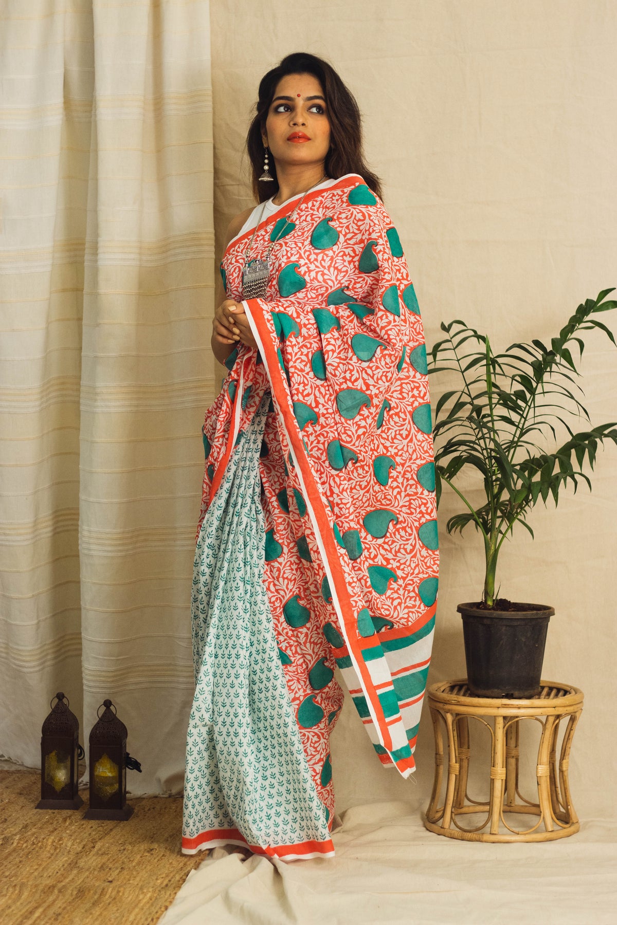 Mul Cotton Block Printed Saree • Coral Jaal-3