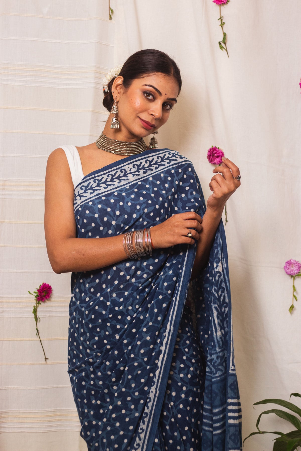 Cotton Mul Bagru Saree Indigo Dots-8