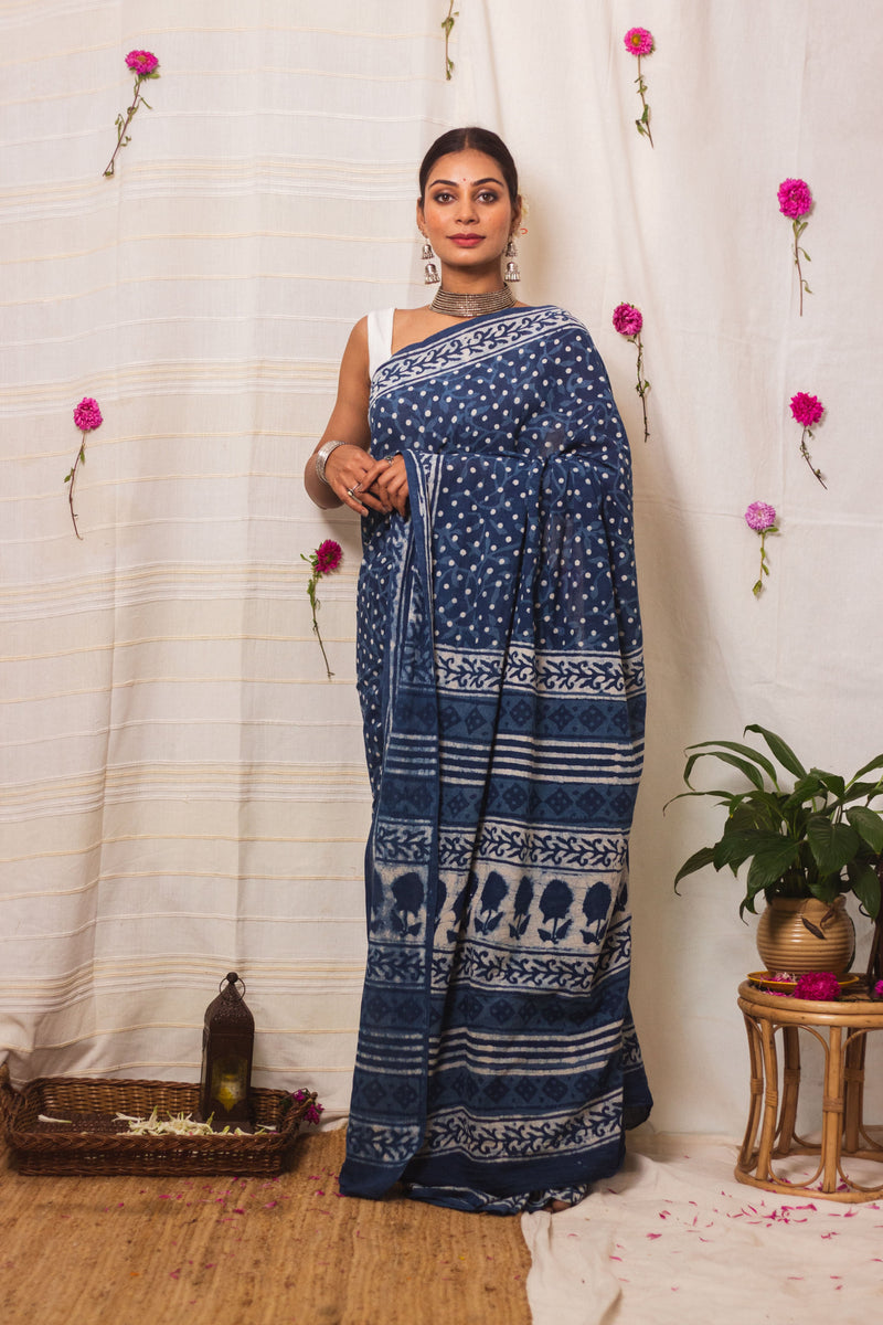 Cotton Mul Bagru Saree Indigo Dots-3