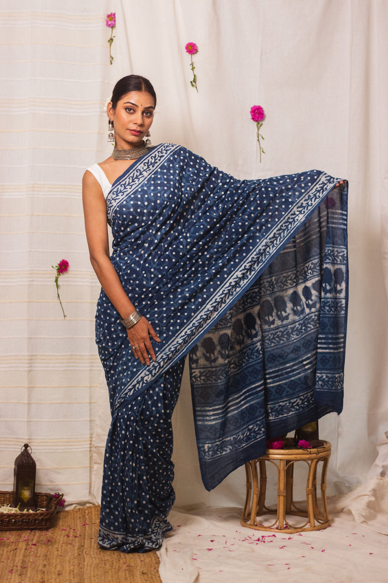 Cotton Mul Bagru Saree Indigo Dots-1