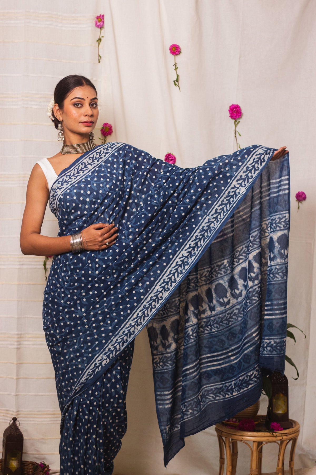 Cotton Mul Bagru Saree Indigo Dots-7