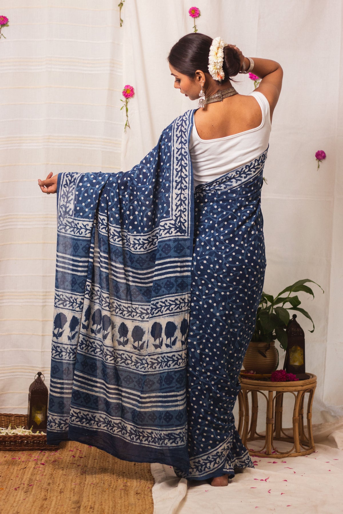 Cotton Mul Bagru Saree Indigo Dots-6