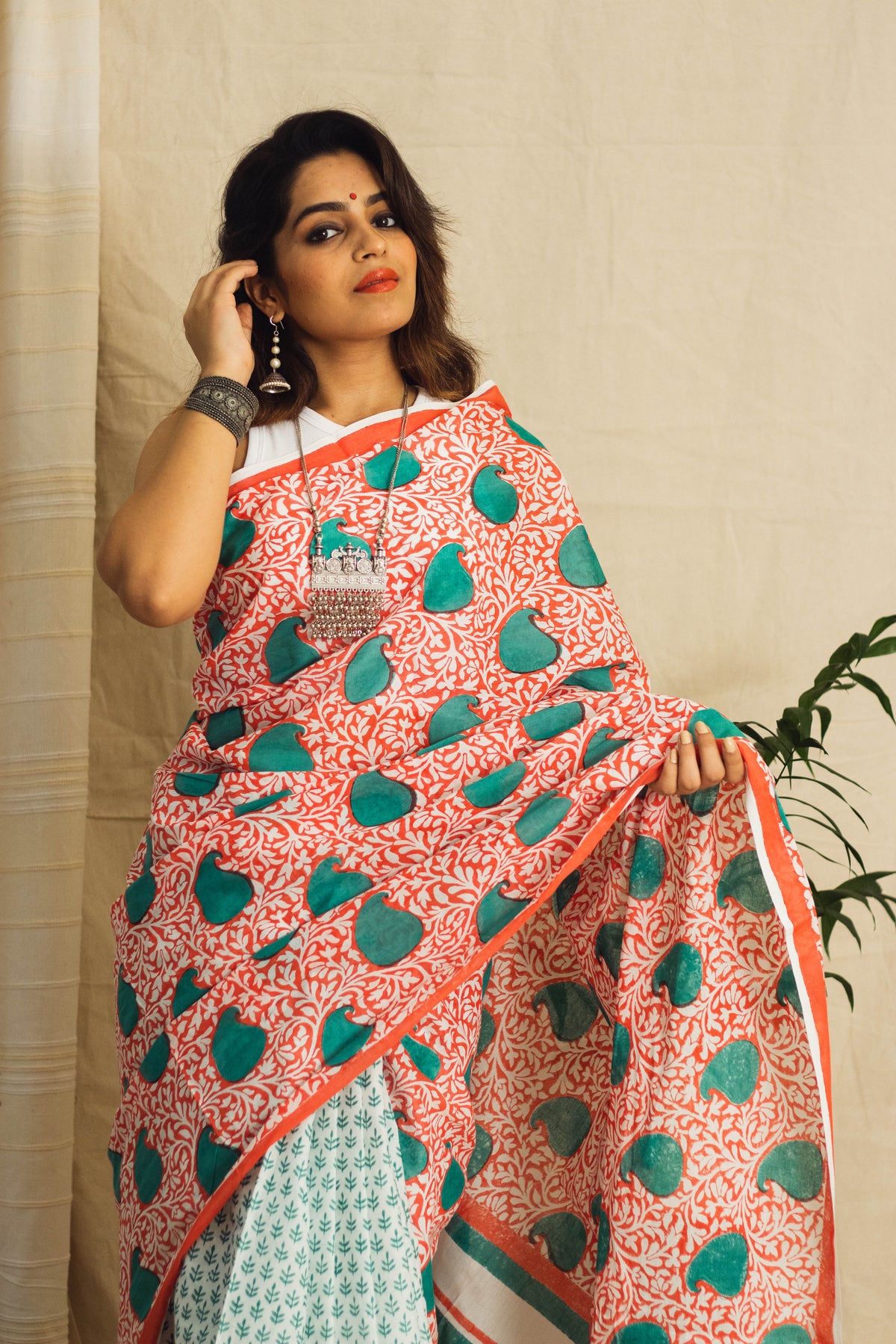 Mul Cotton Block Printed Saree • Coral Jaal-5
