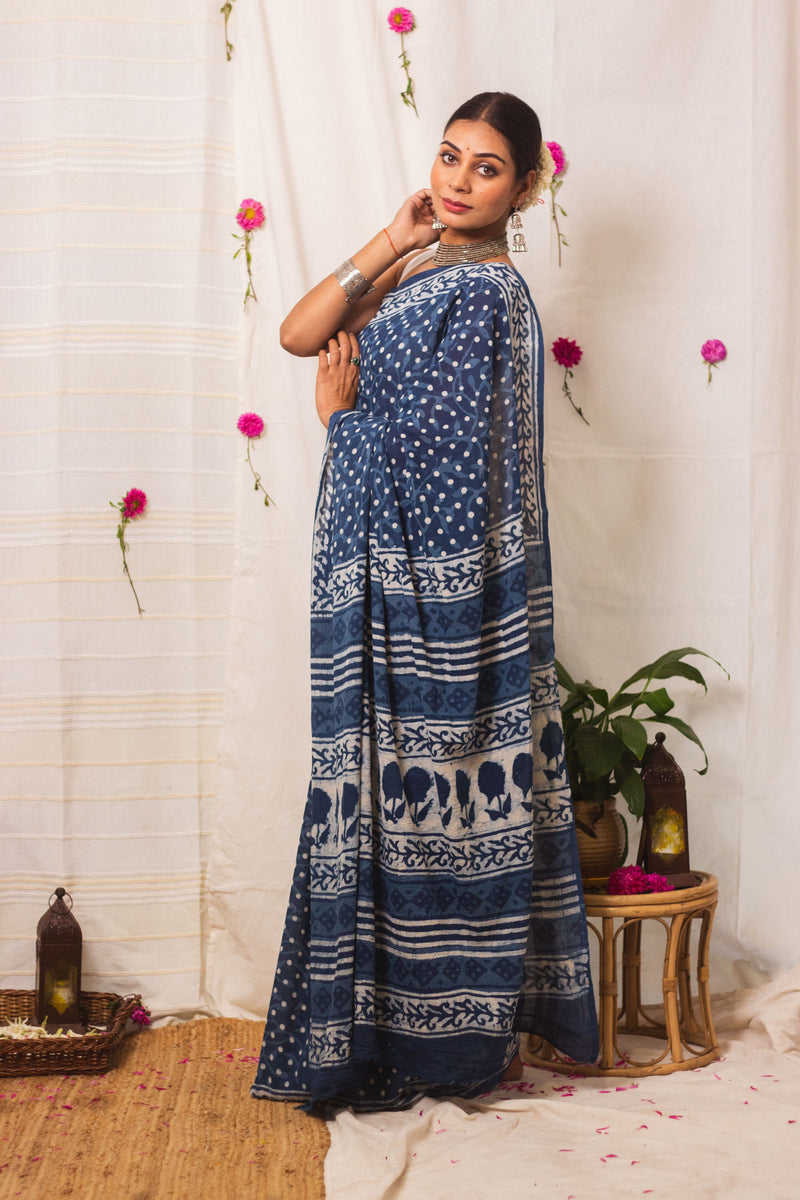 Cotton Mul Bagru Saree Indigo Dots-5