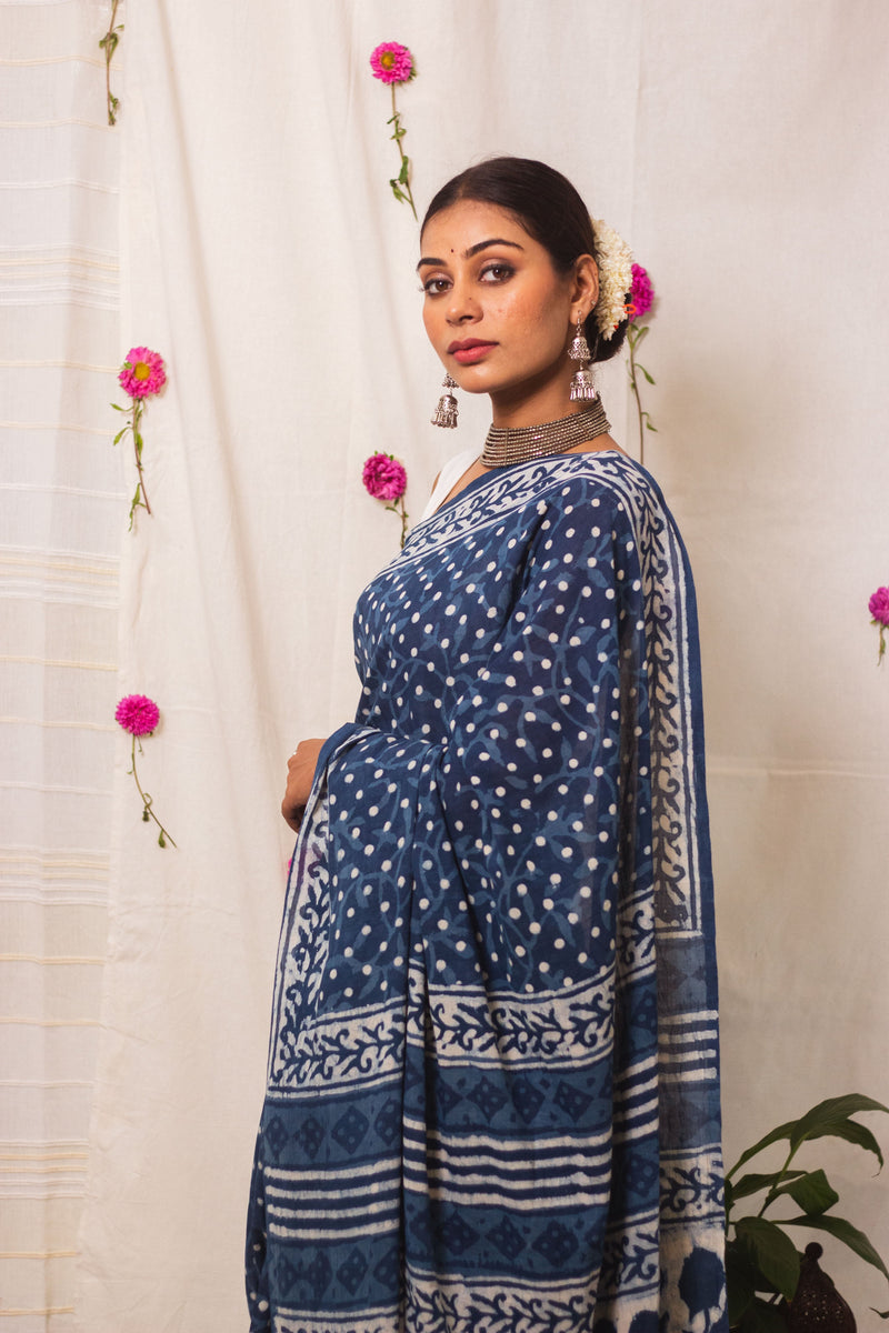 Cotton Mul Bagru Saree Indigo Dots-4