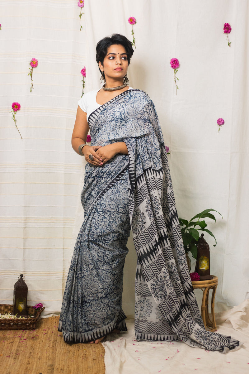 Indigo Hues Cotton Mul Kalamkari-1