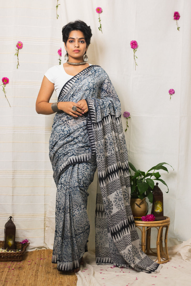 Indigo Hues Cotton Mul Kalamkari-2