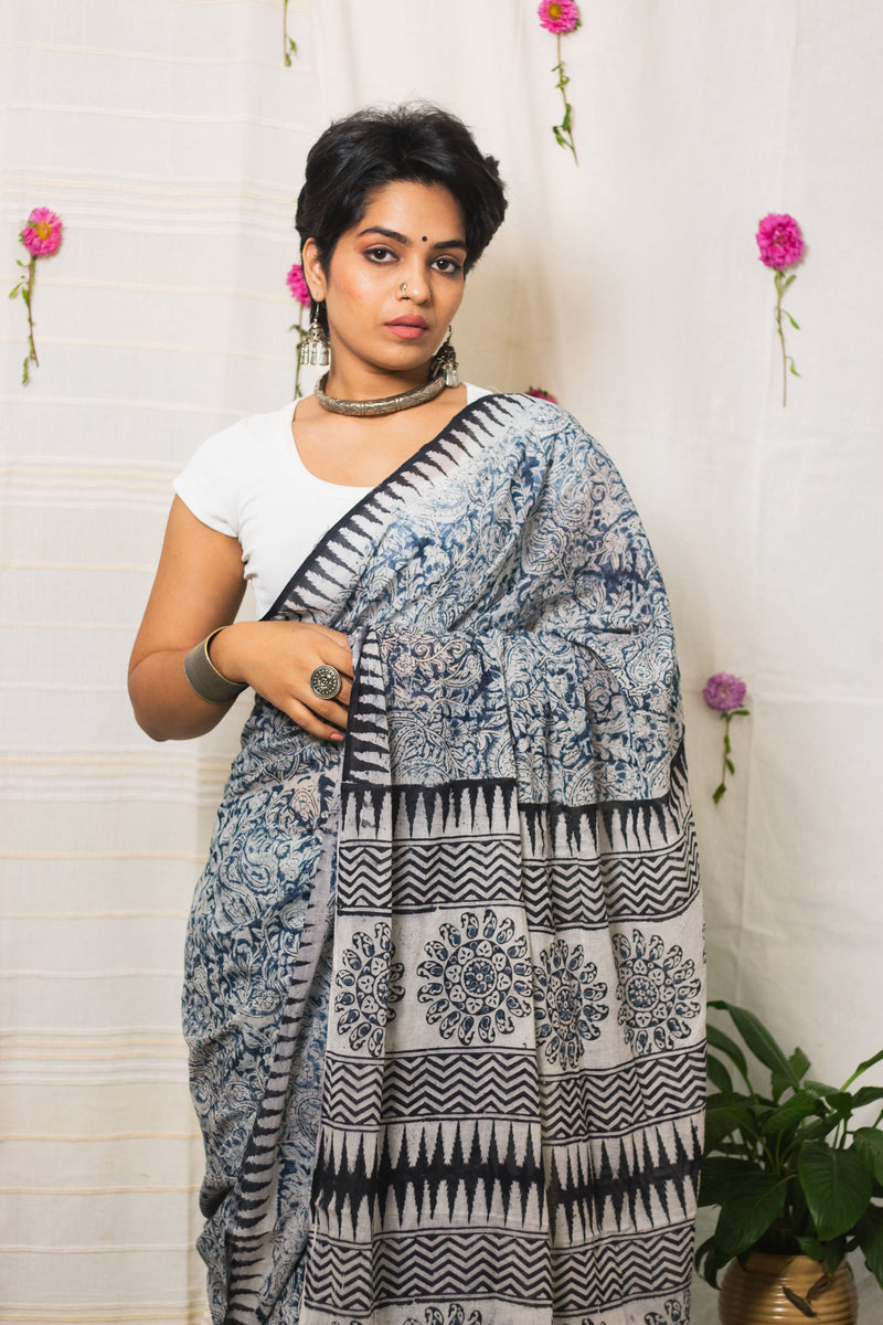 Indigo Hues Cotton Mul Kalamkari-4