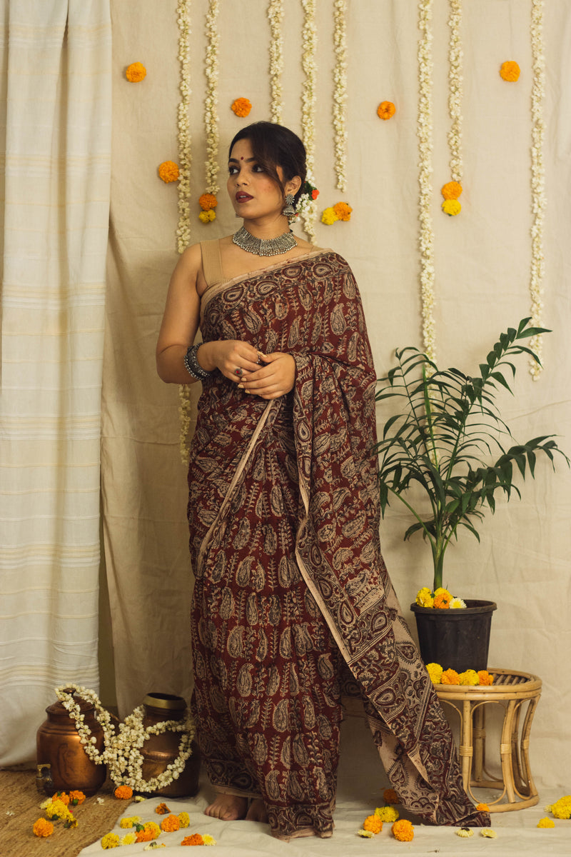 Mul Cotton Block Printed Saree • Kalamkari Maroon Paisley-1