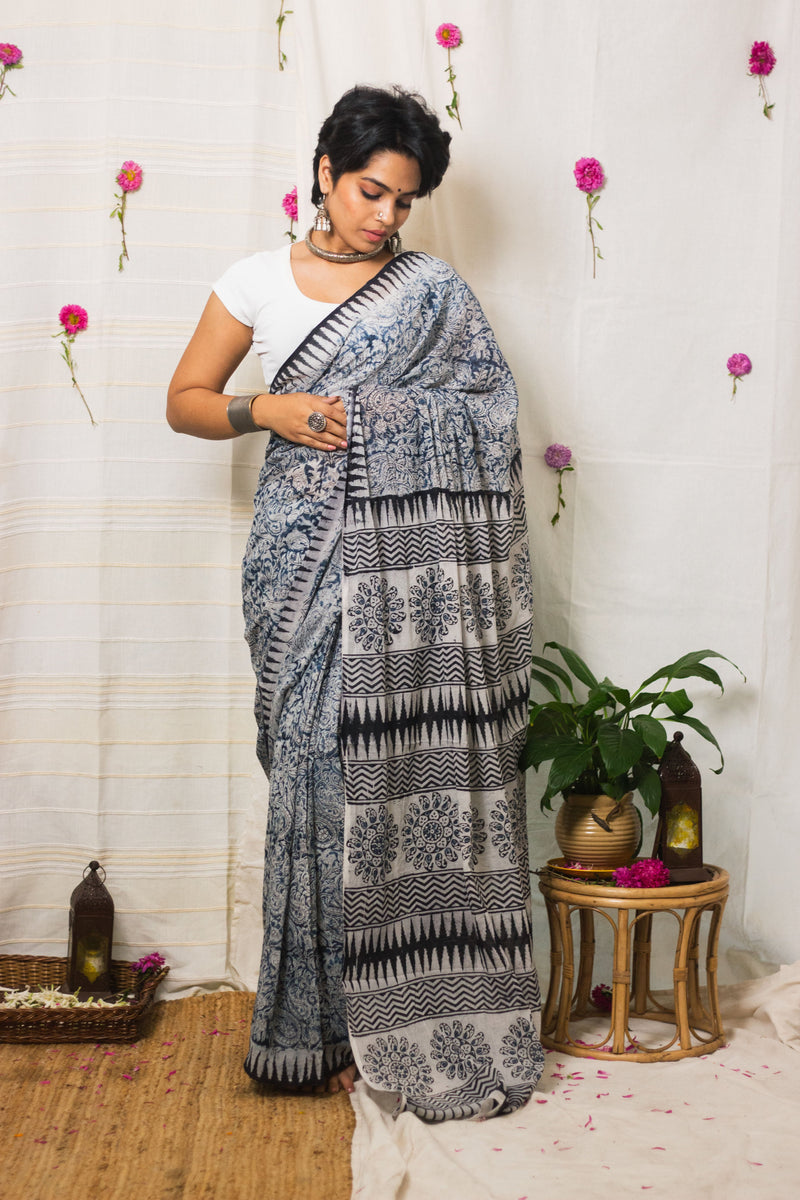Indigo Hues Cotton Mul Kalamkari-5