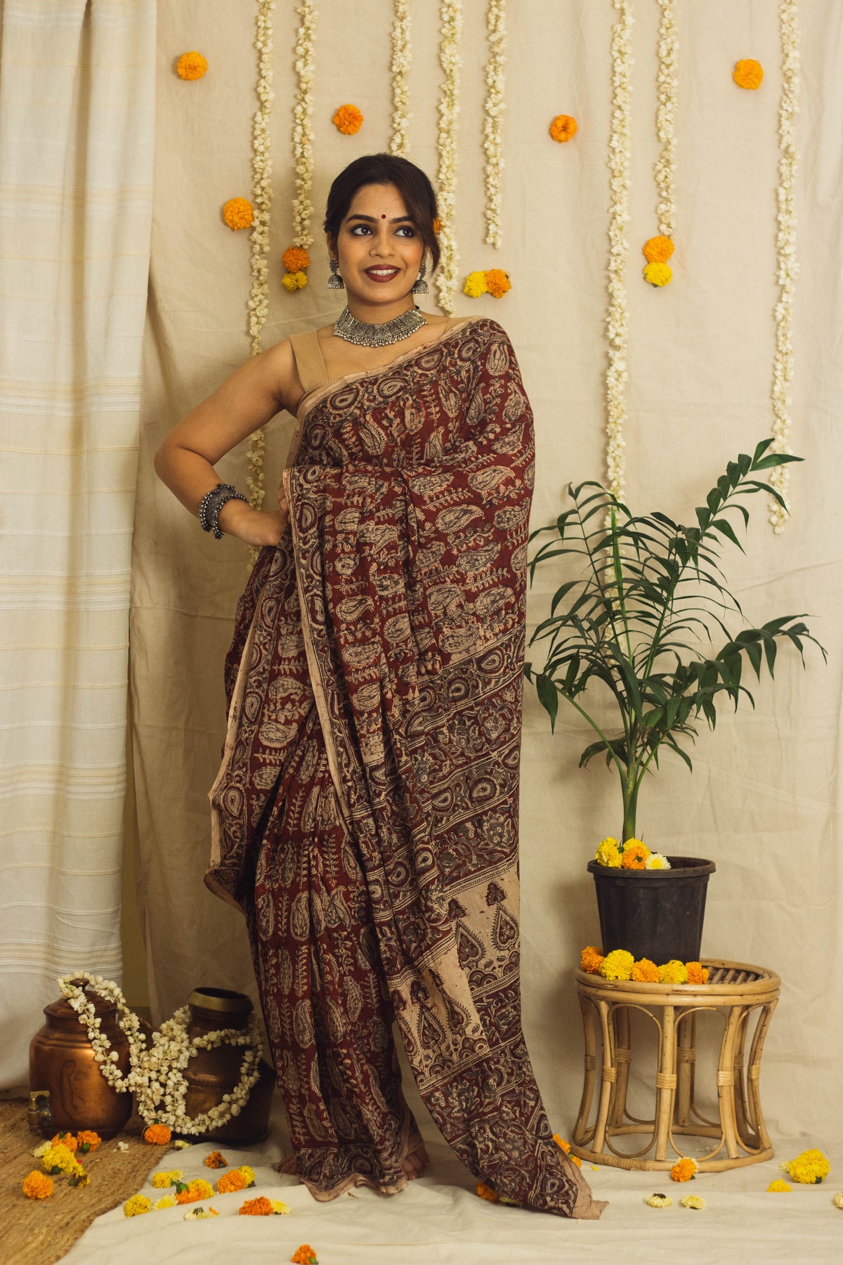 Mul Cotton Block Printed Saree • Kalamkari Maroon Paisley-2