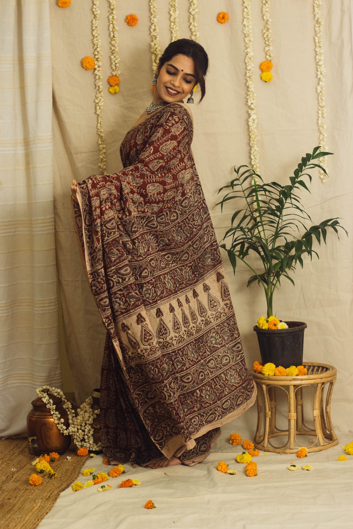 Mul Cotton Block Printed Saree • Kalamkari Maroon Paisley-3