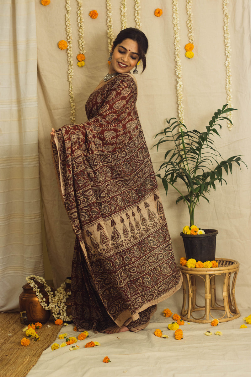 Mul Cotton Block Printed Saree • Kalamkari Maroon Paisley-3