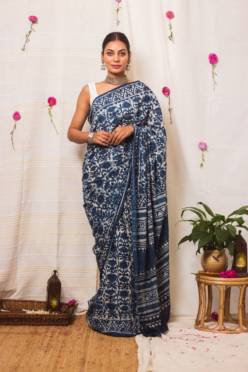 Cotton Mul Bagru Saree Indigo Blue Meadow-2