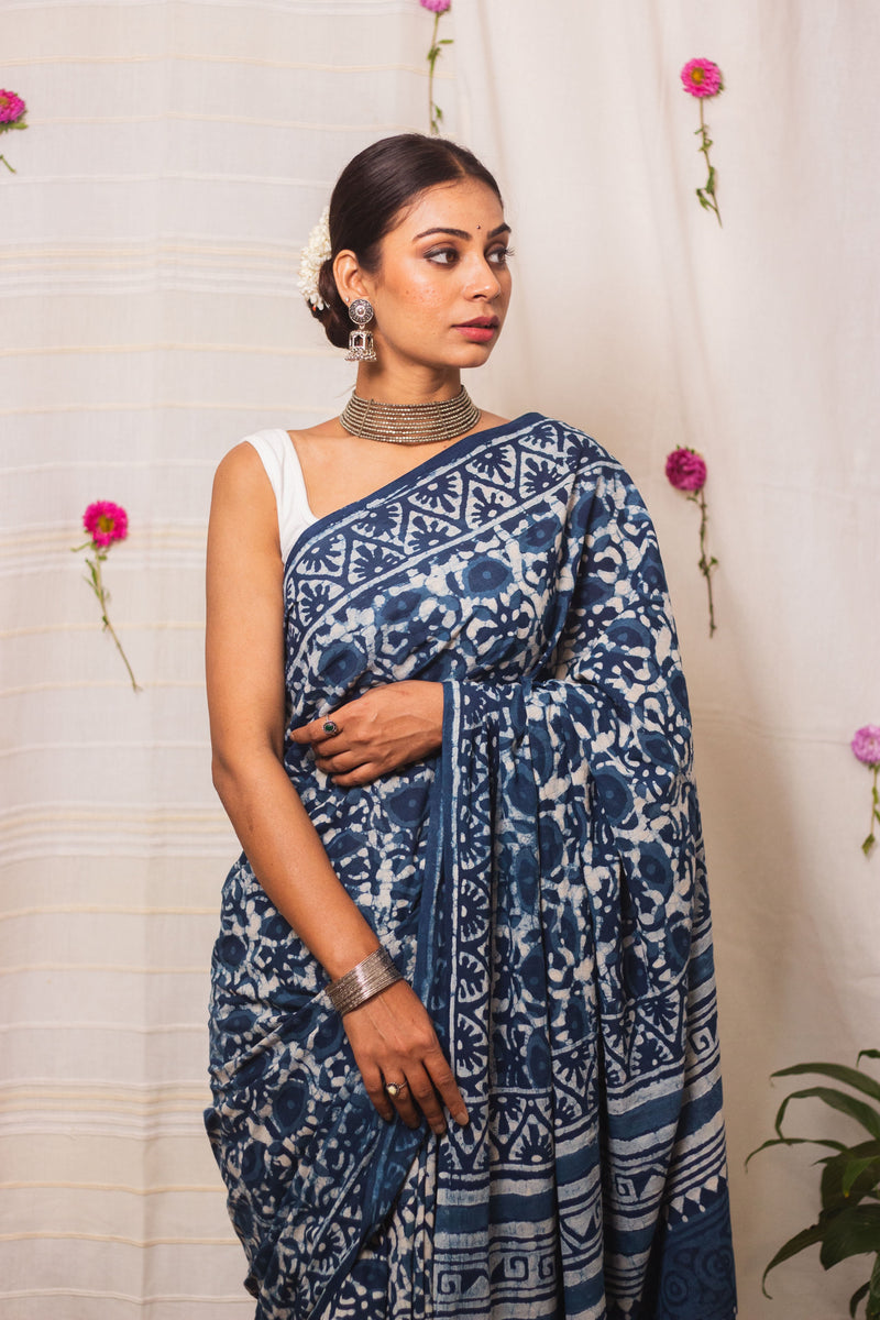 Cotton Mul Bagru Saree Indigo Blue Meadow-3