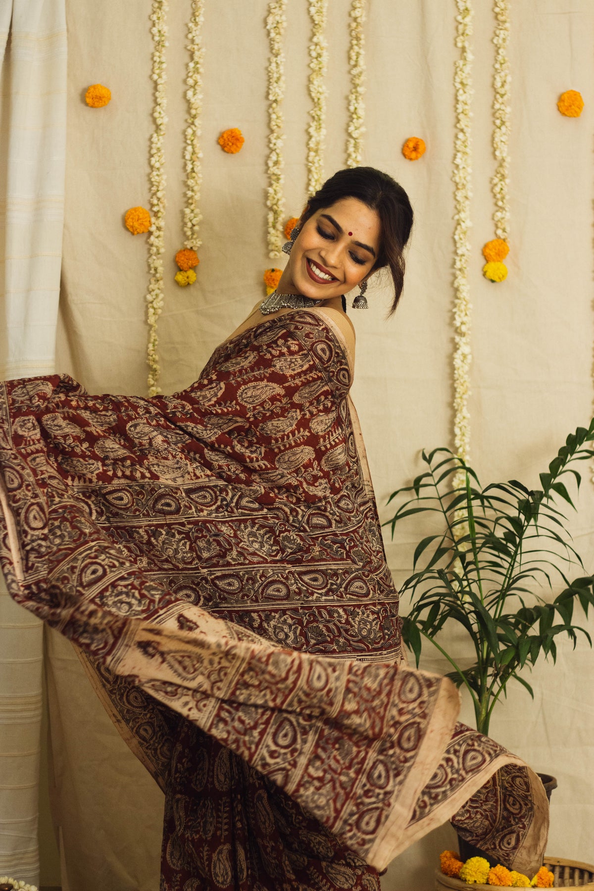 Mul Cotton Block Printed Saree • Kalamkari Maroon Paisley-4
