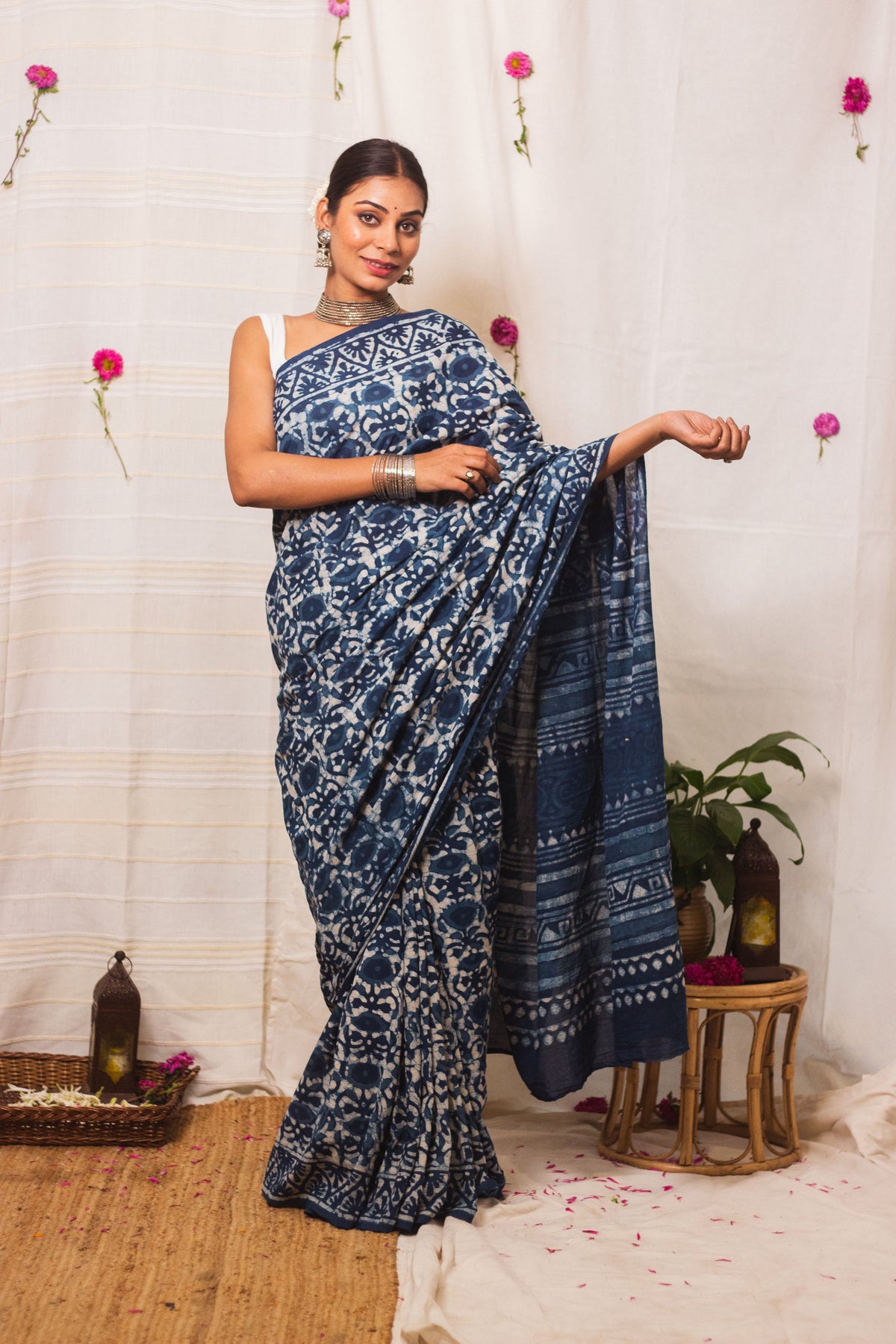 Cotton Mul Bagru Saree Indigo Blue Meadow-4