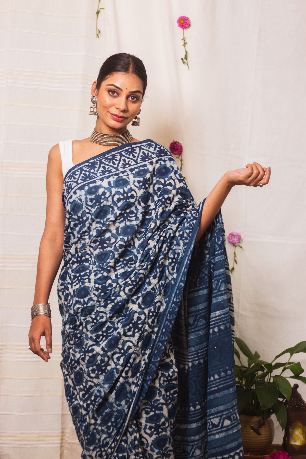 Cotton Mul Bagru Saree Indigo Blue Meadow-5