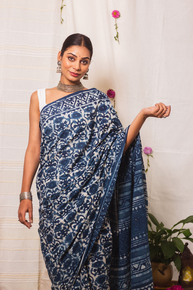 Cotton Mul Bagru Saree Indigo Blue Meadow-5