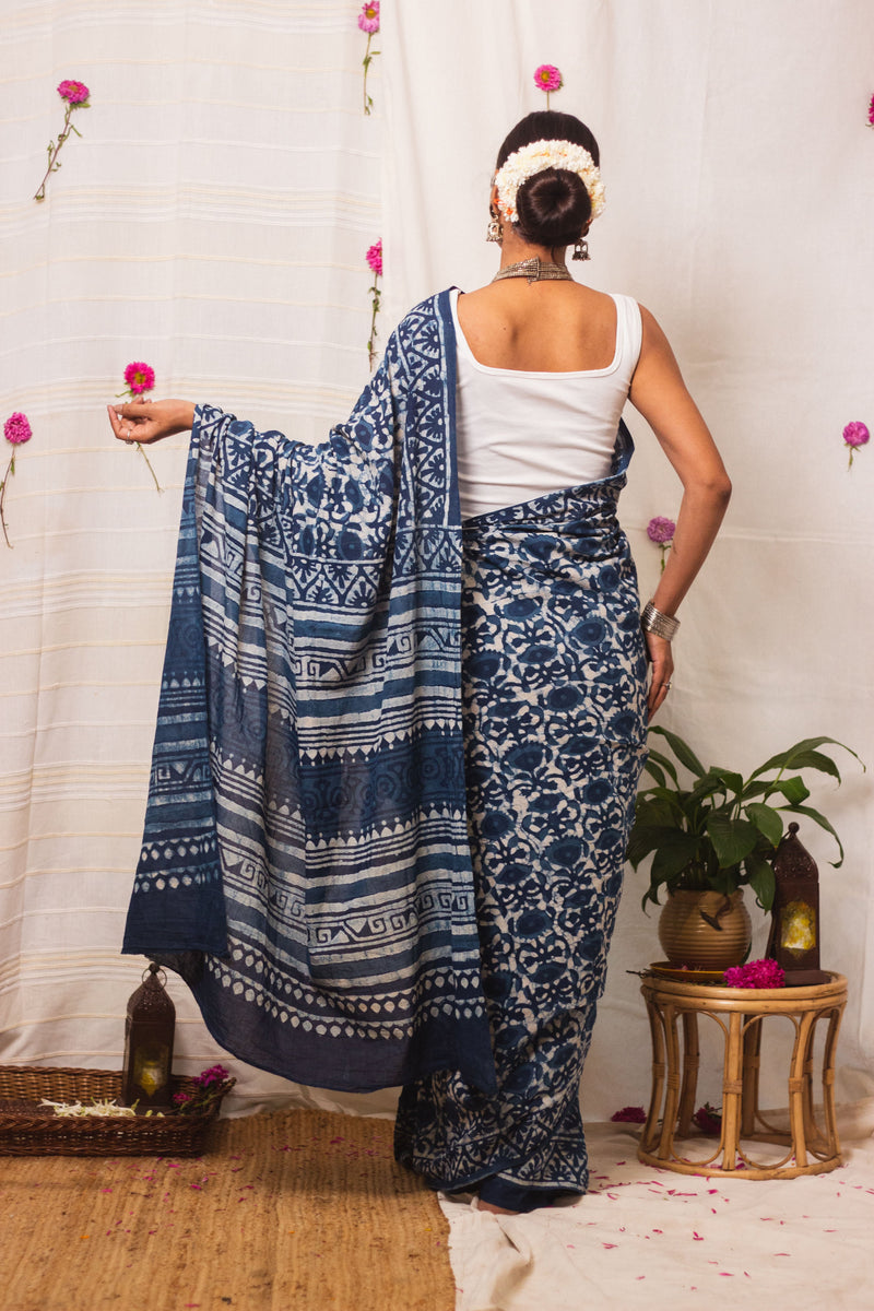 Cotton Mul Bagru Saree Indigo Blue Meadow-6