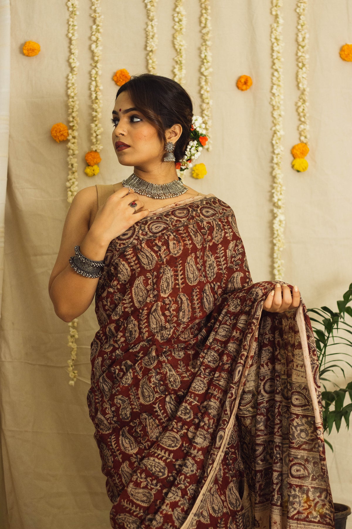 Mul Cotton Block Printed Saree • Kalamkari Maroon Paisley-5