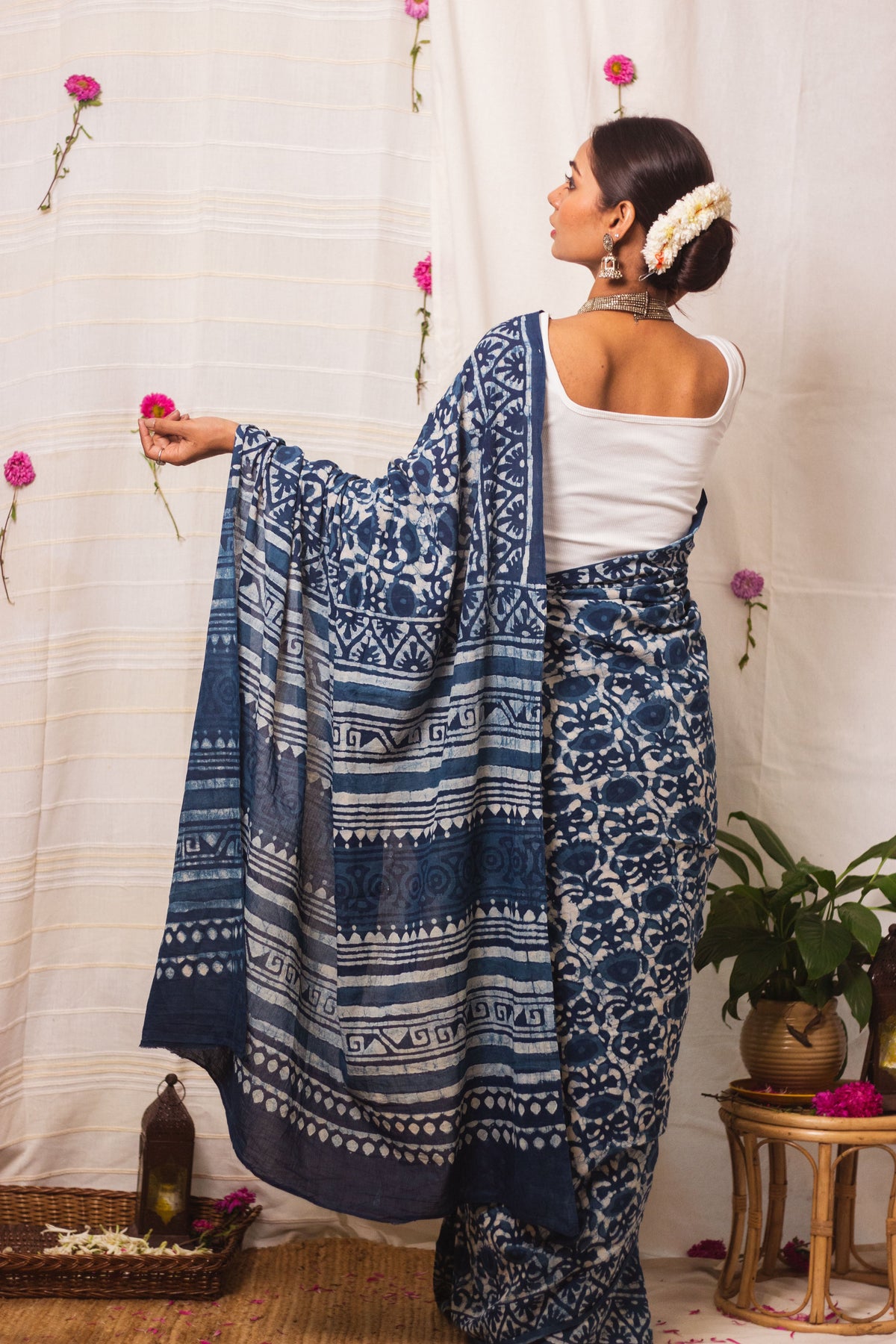 Cotton Mul Bagru Saree Indigo Blue Meadow-7