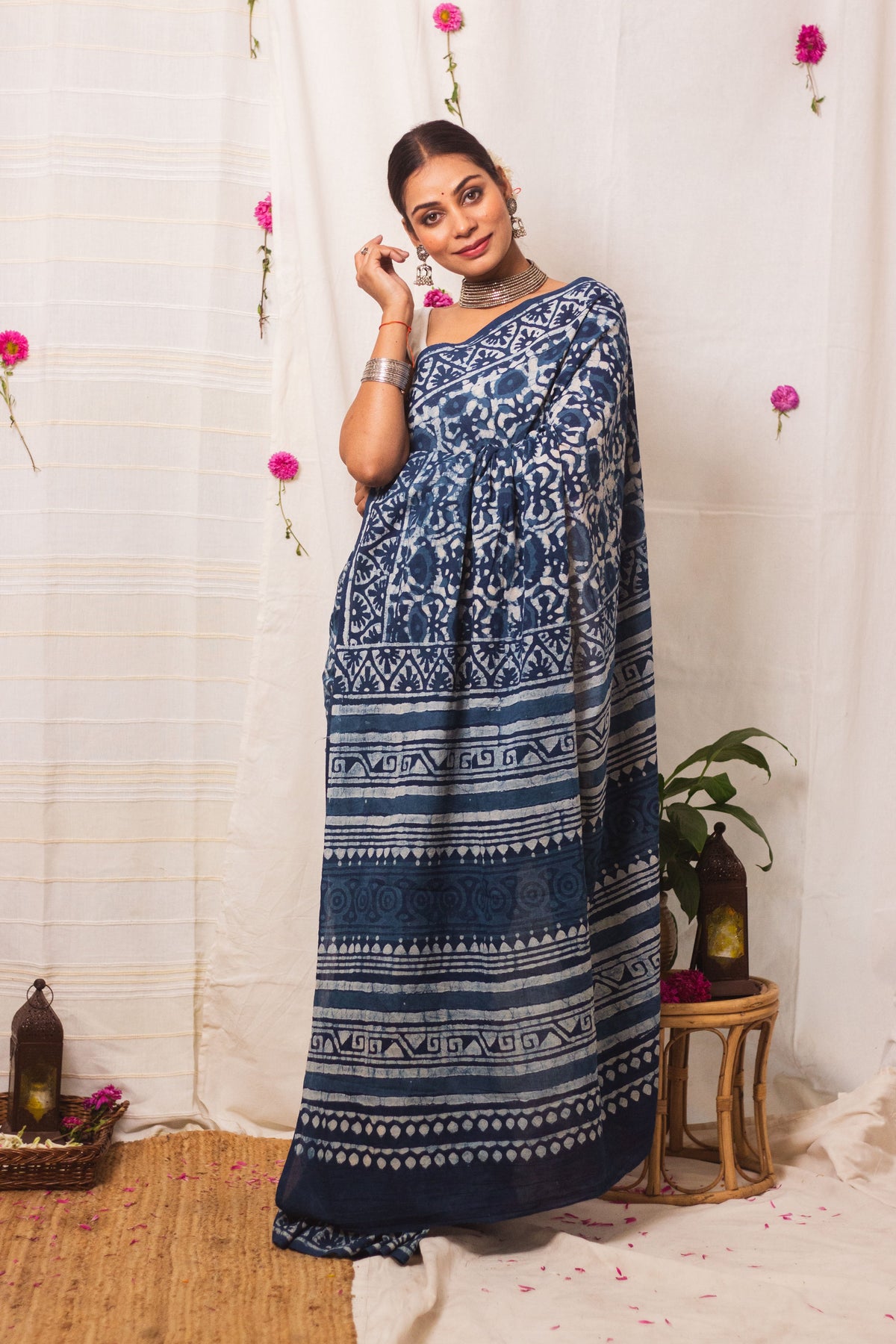 Cotton Mul Bagru Saree Indigo Blue Meadow-1