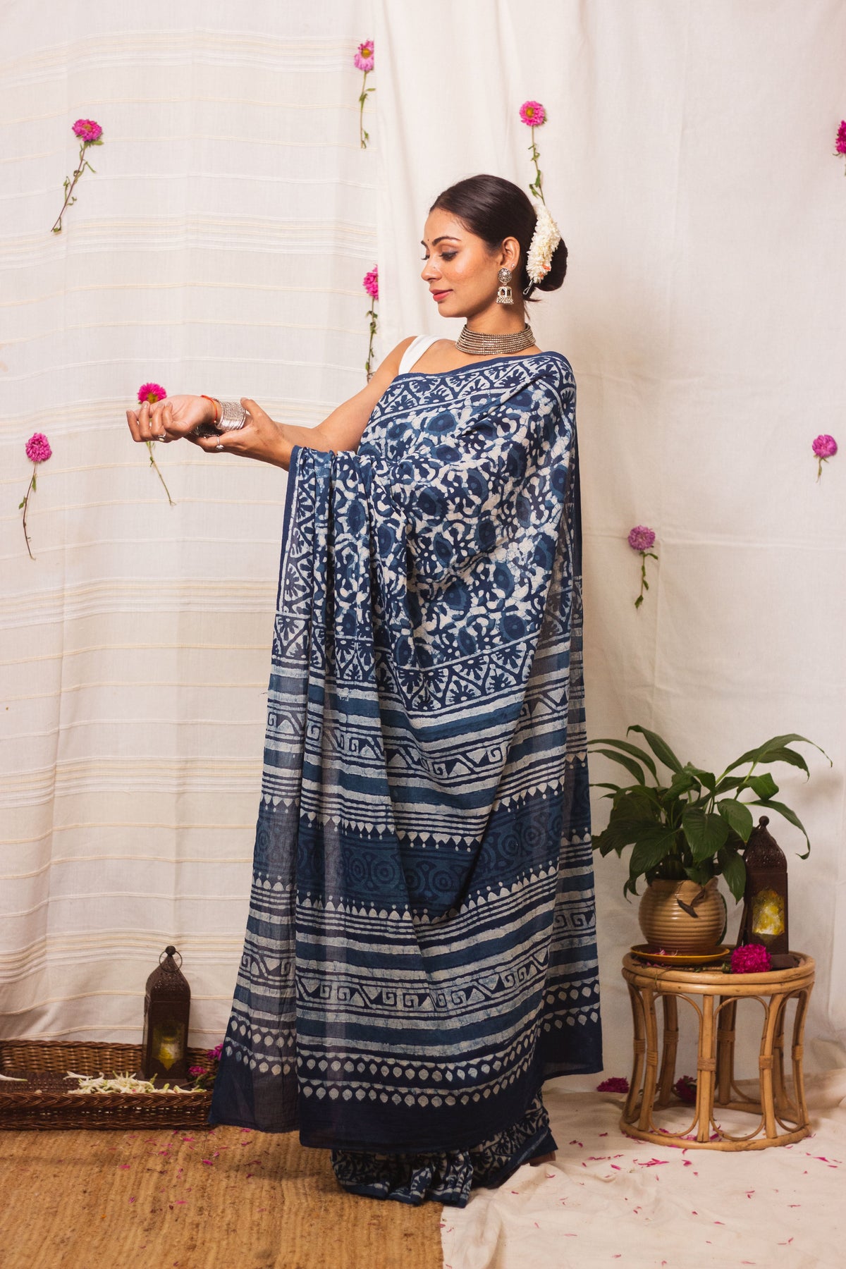 Cotton Mul Bagru Saree Indigo Blue Meadow-8