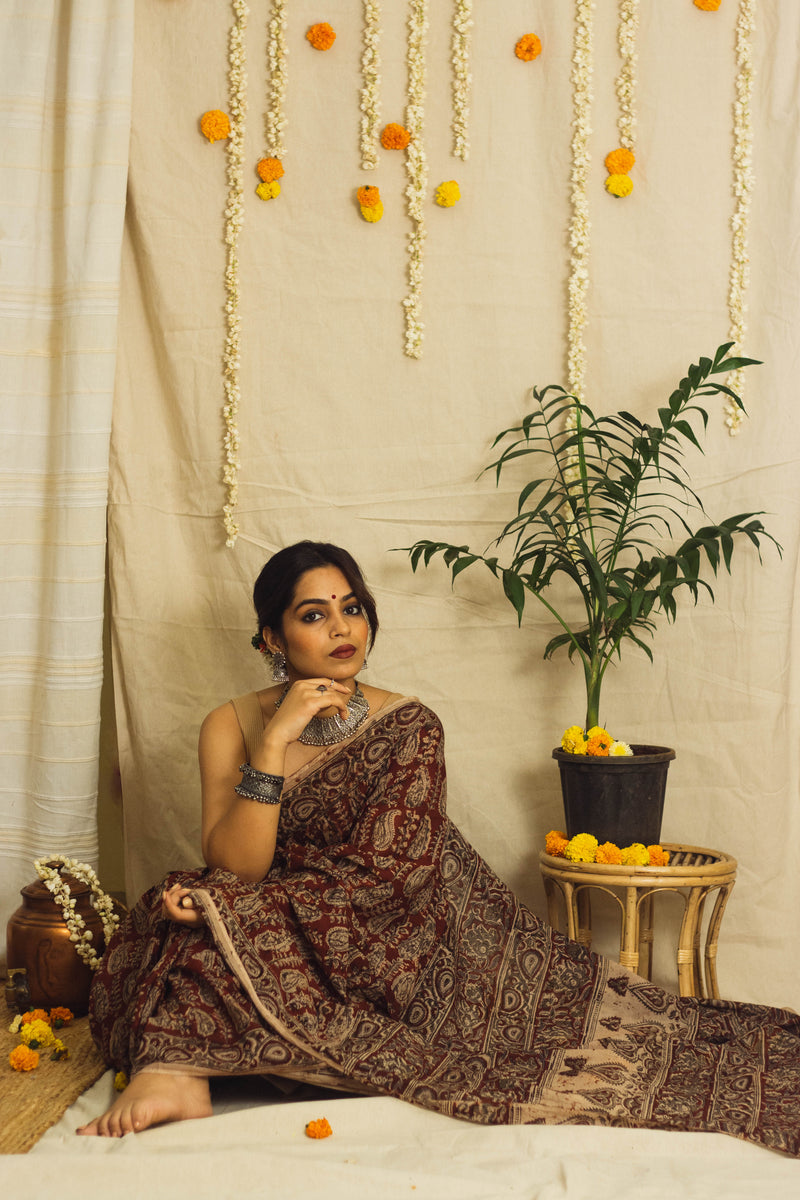 Mul Cotton Block Printed Saree • Kalamkari Maroon Paisley-6