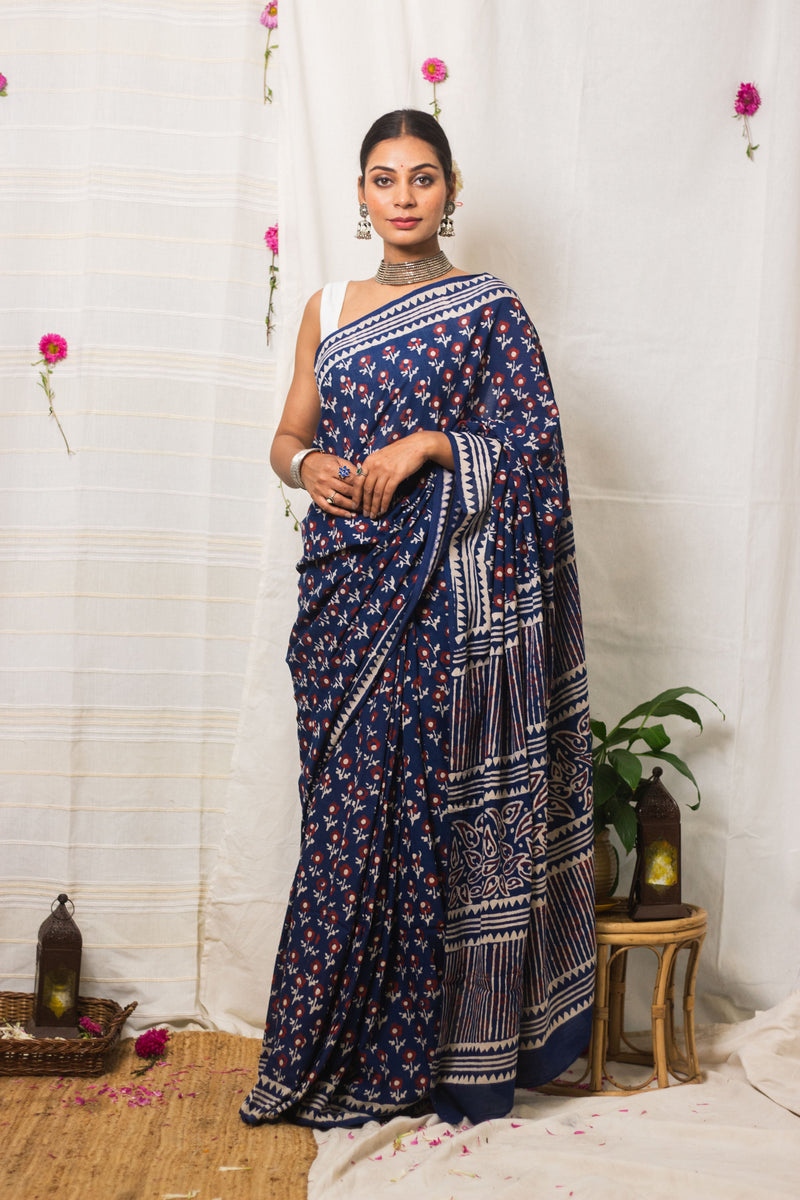 Cotton Mul Bagru Saree Indigo Ruby Bloom-1