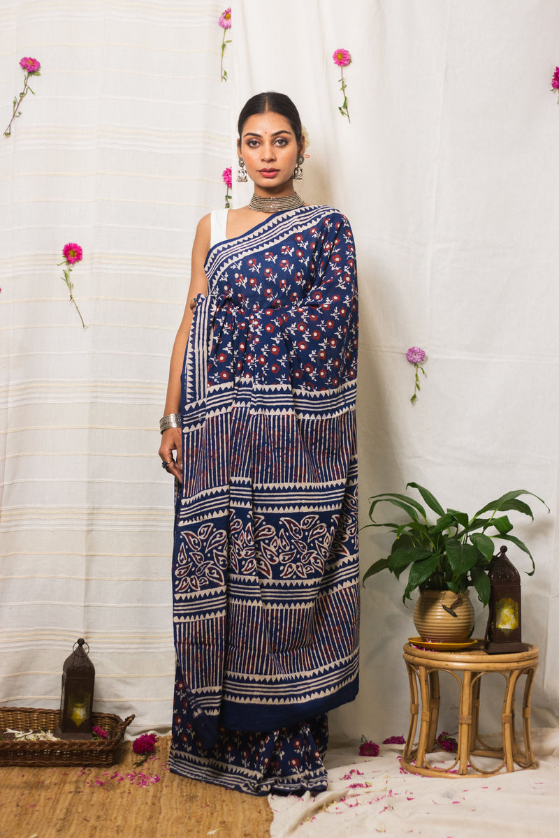 Cotton Mul Bagru Saree Indigo Ruby Bloom-8