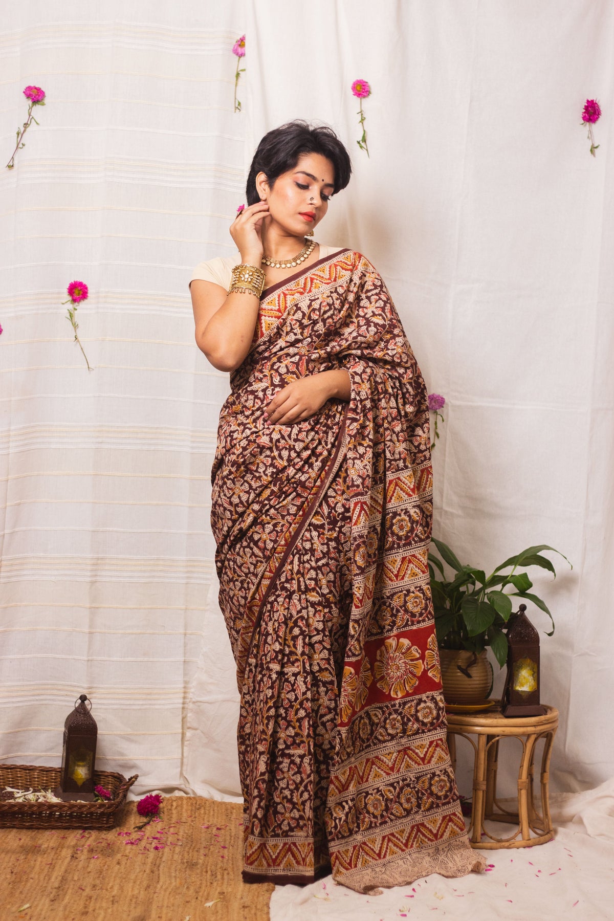 Mul Cotton Block Printed Saree Kalamkari Vrindavan-6