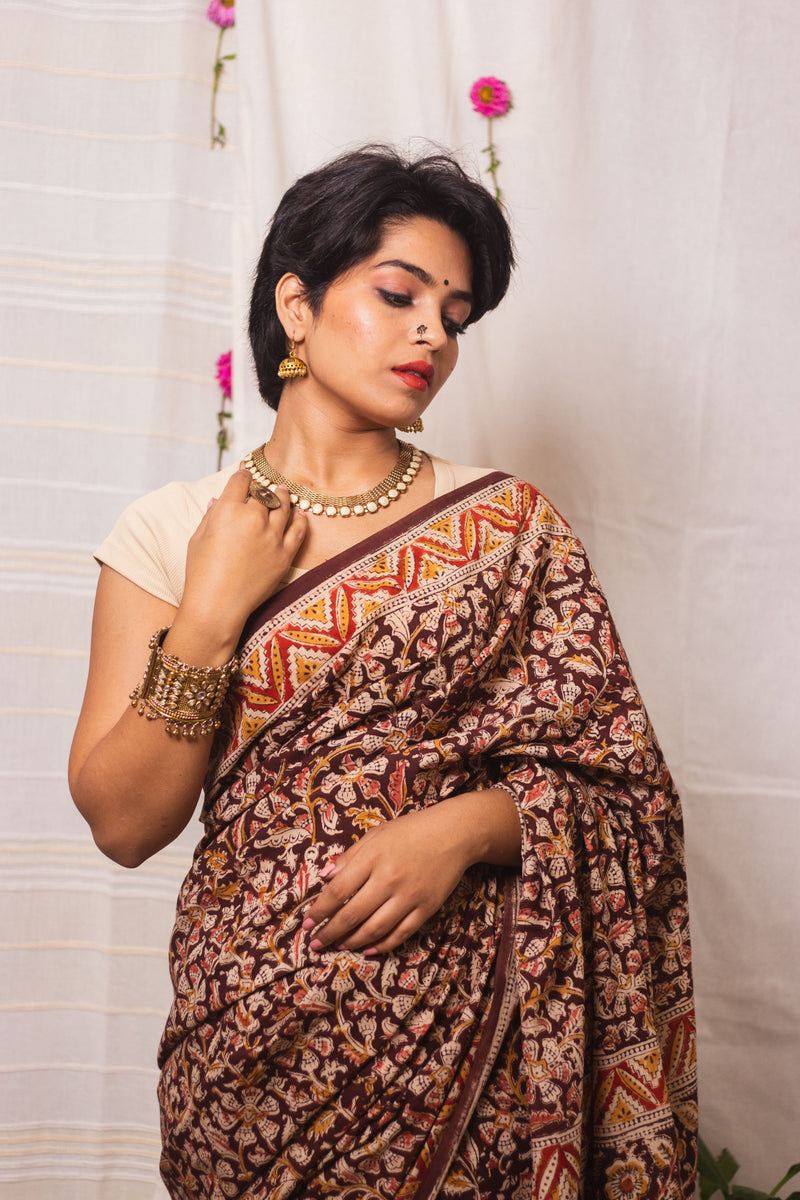 Mul Cotton Block Printed Saree Kalamkari Vrindavan-5