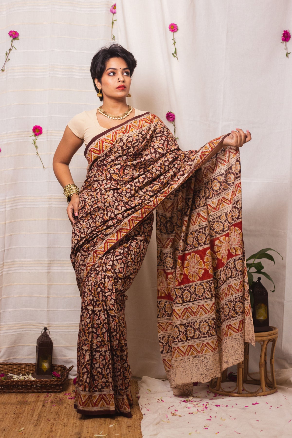 Mul Cotton Block Printed Saree Kalamkari Vrindavan-4