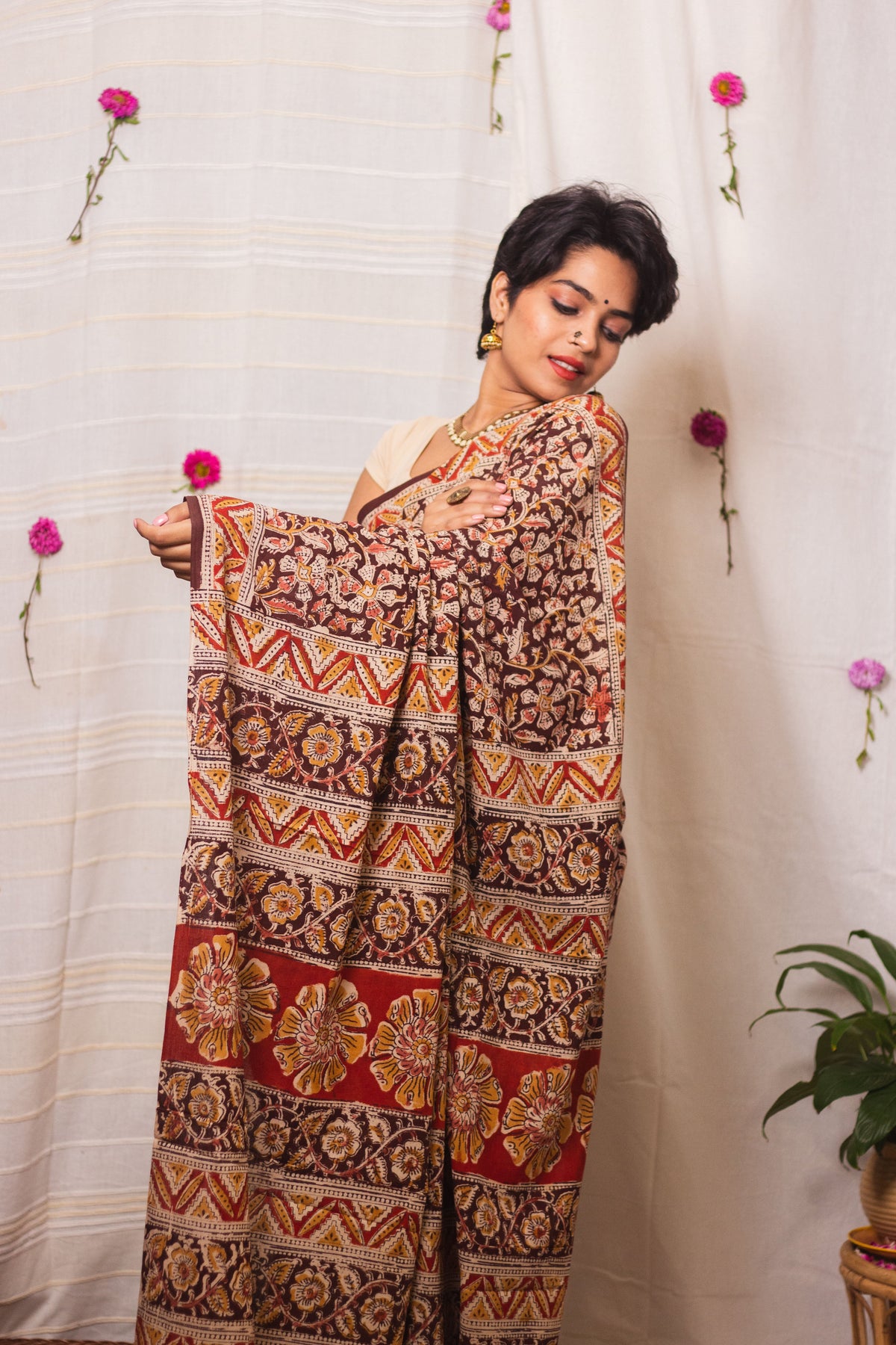 Mul Cotton Block Printed Saree Kalamkari Vrindavan-3